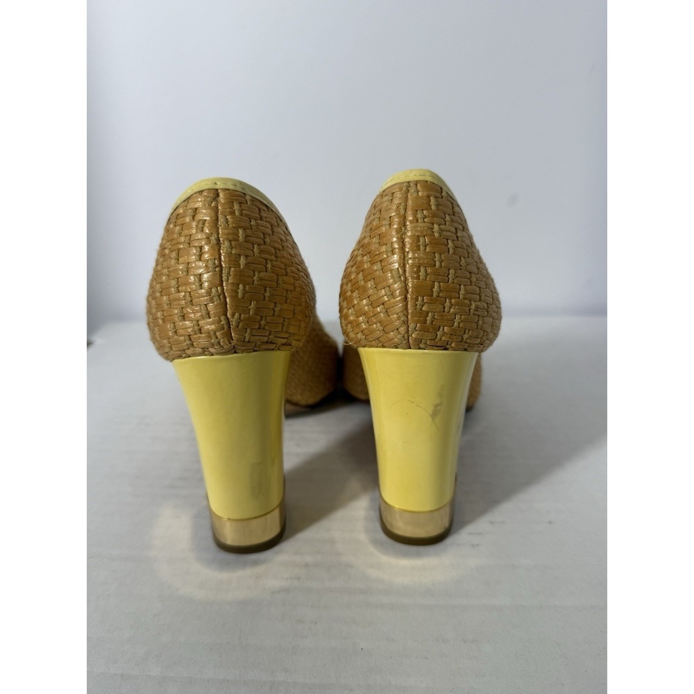 Tory Burch Rafia Pumps Yellow Patent Cap Toe Logo‎ Medallion Block Heel - Picture 6 of 9